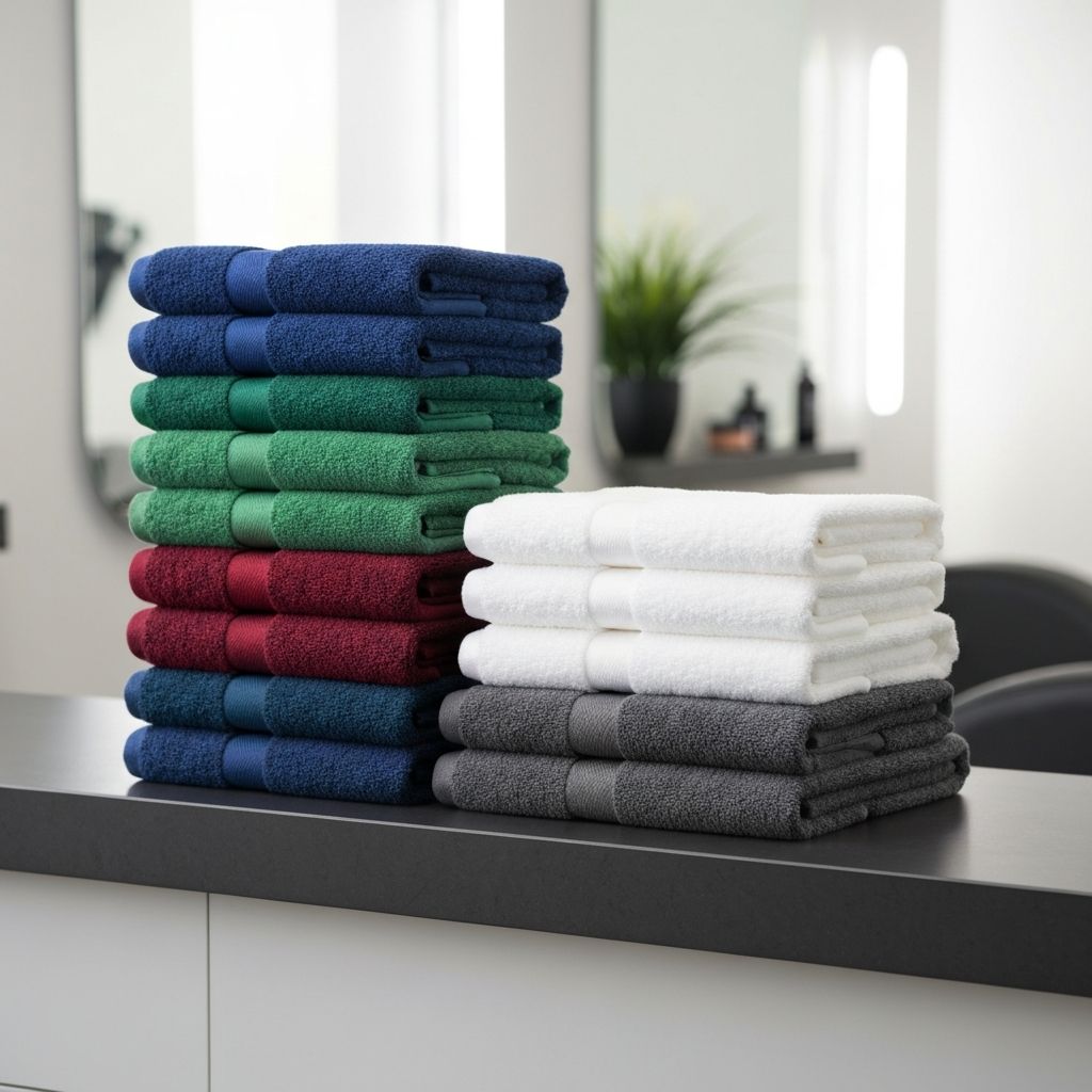 Premium Bleach Shield salon towels in multiple colors stacked on a salon counter